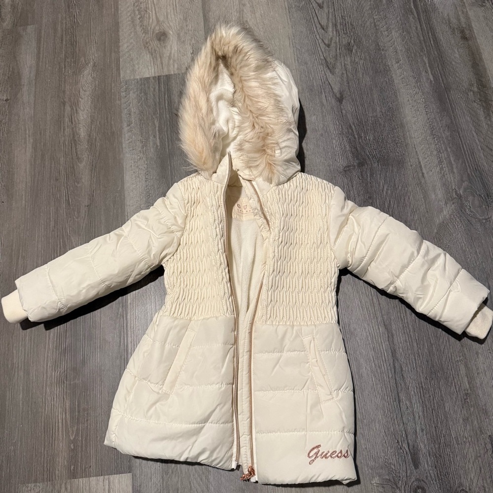 Guess Ivory Quilted Jacket with Faux Fur Hood